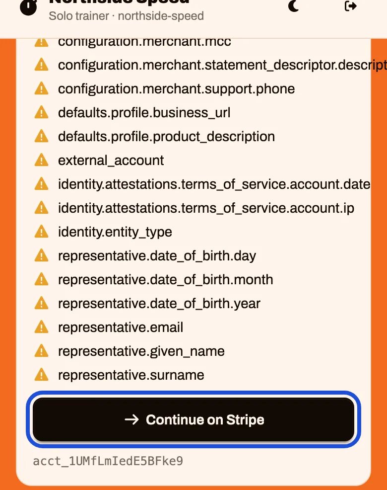 The Payments screen after connecting, with a Continue on Stripe button