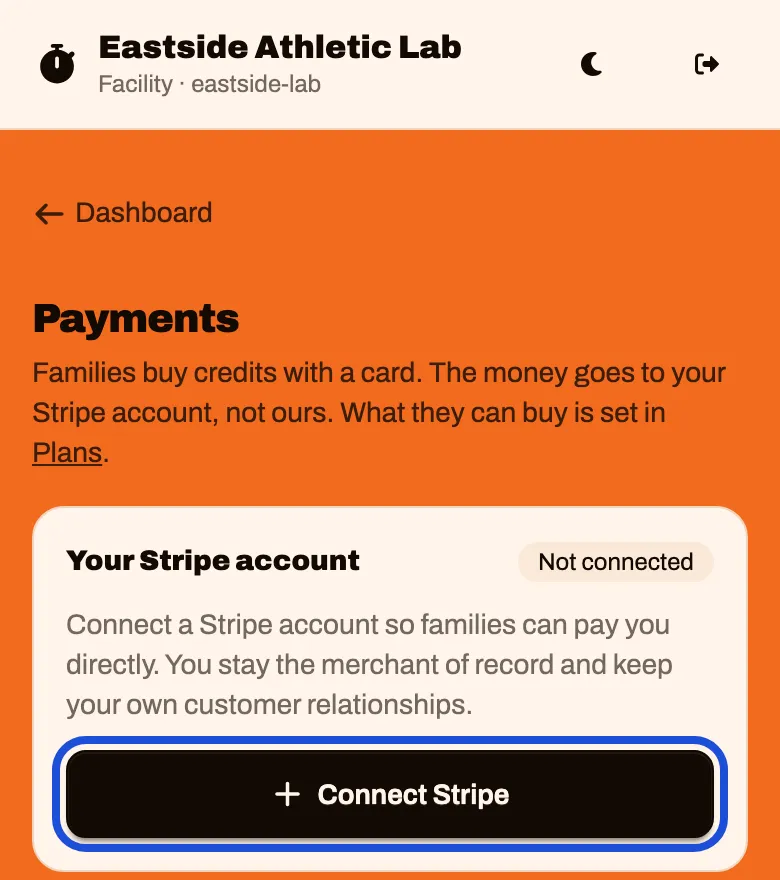 The Payments screen. Your Stripe account says Not connected, with a Connect Stripe button