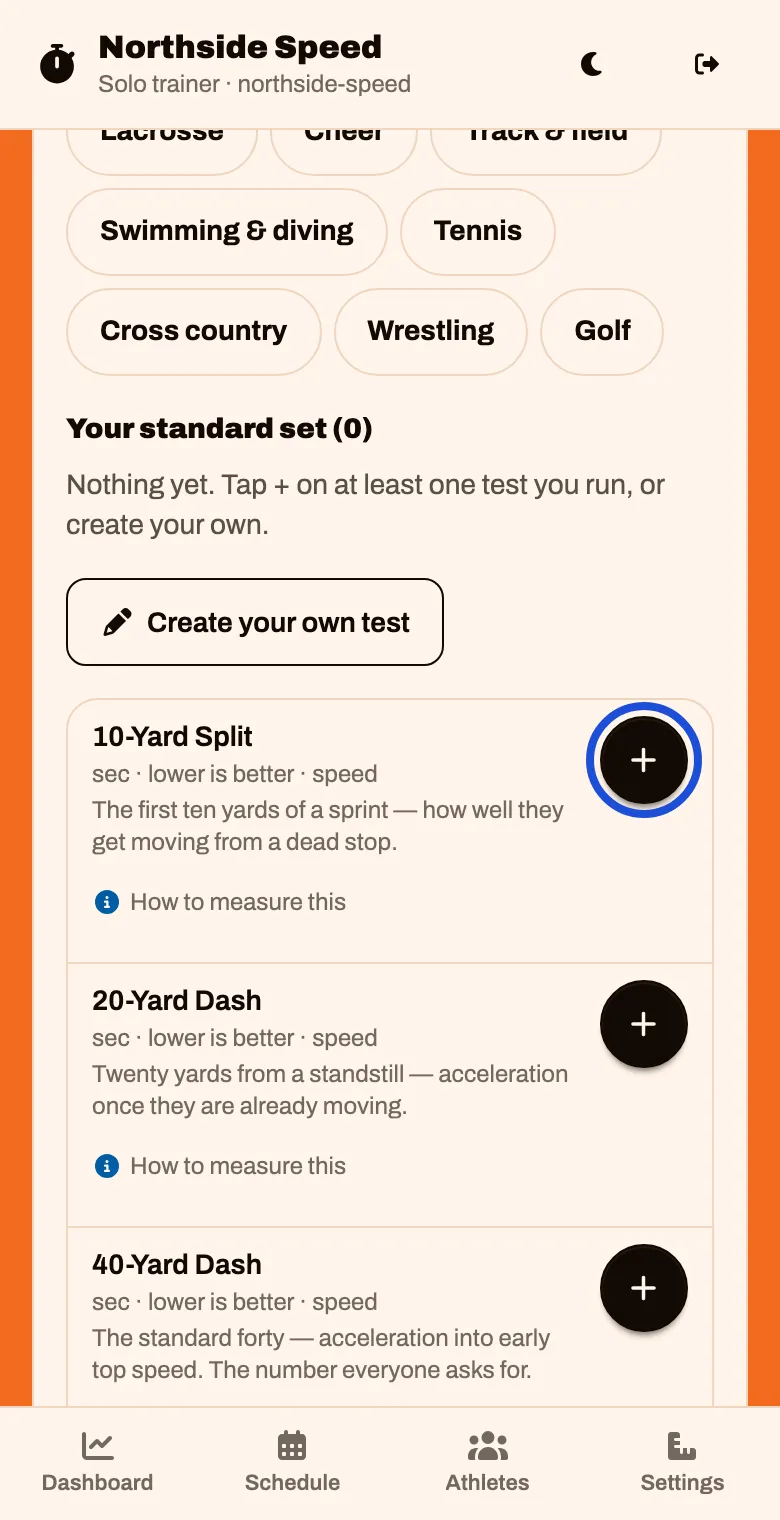 The list of standard tests, each with a round plus button