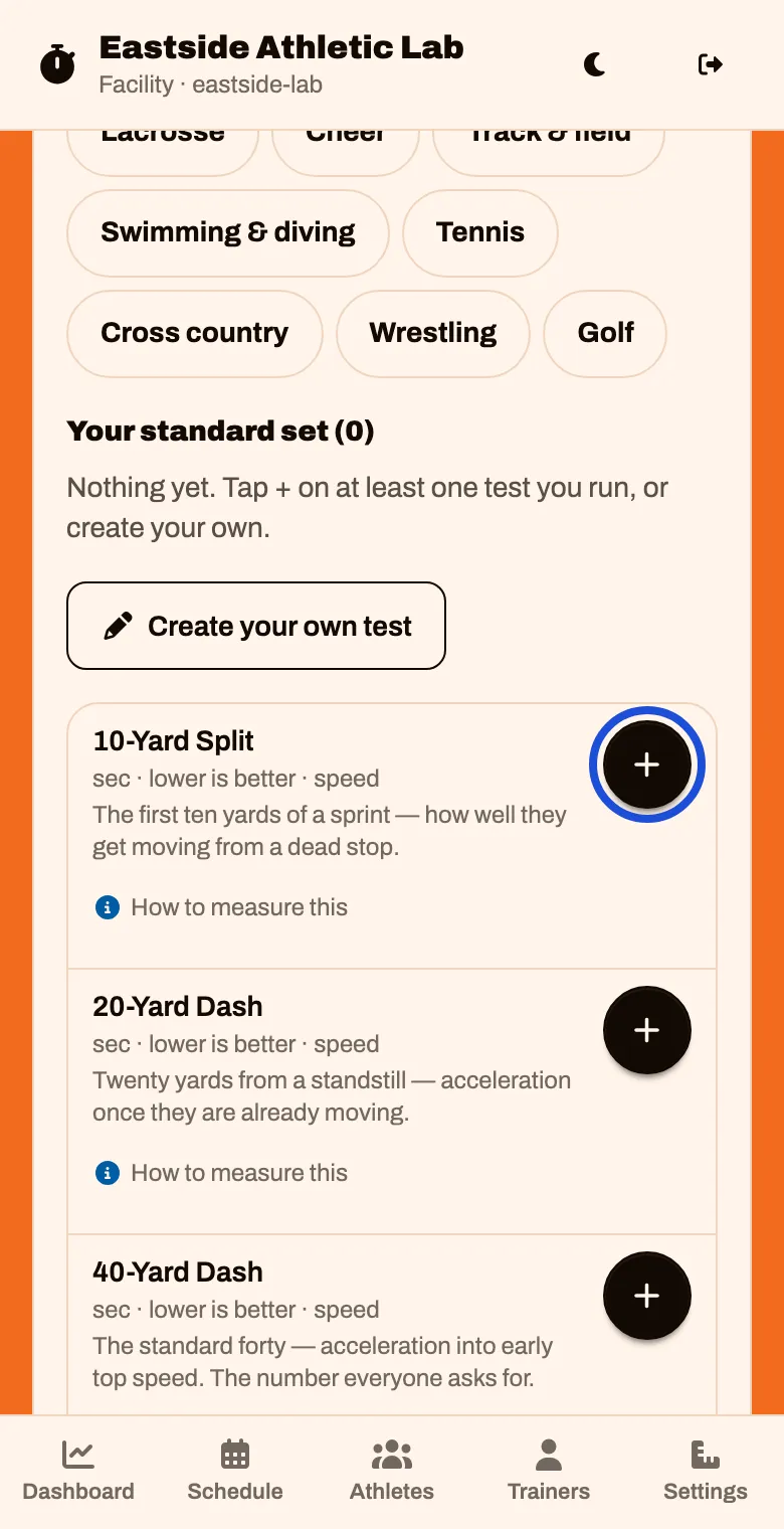The list of standard tests, each with a round plus button