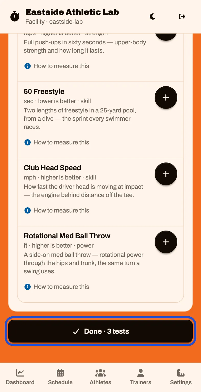 The Done button at the bottom of the screen, reading Done, 3 tests