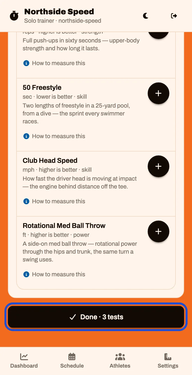 The Done button at the bottom of the screen, reading Done, 3 tests
