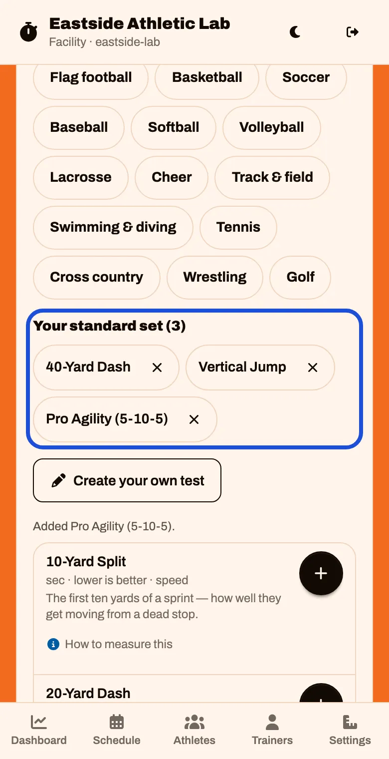 Your standard set showing three tests: 40-Yard Dash, Vertical Jump and Pro Agility