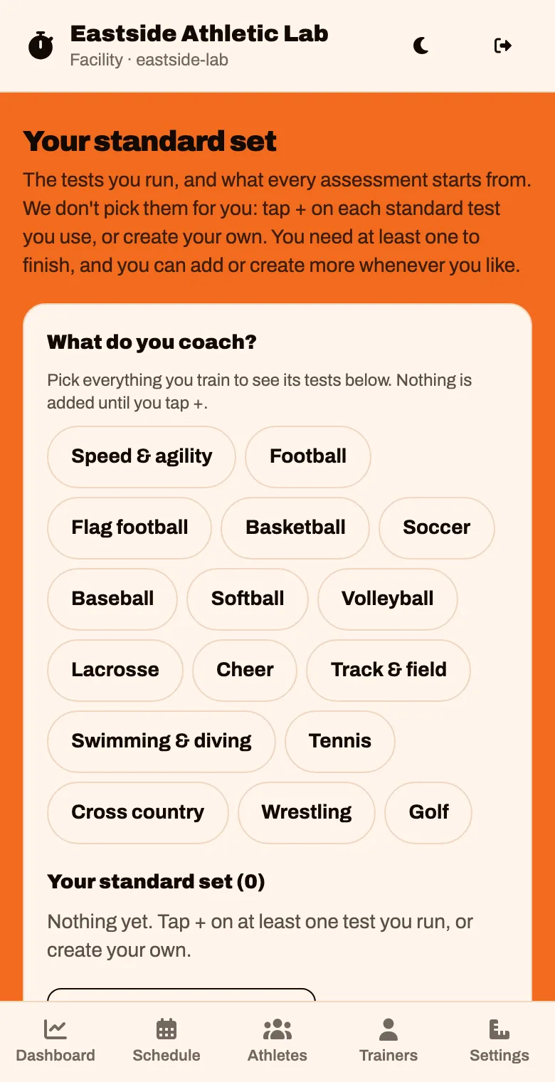 The Your standard set screen, with sports listed under What do you coach