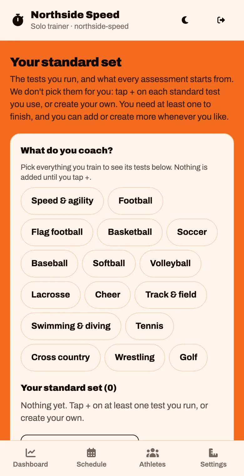 The Your standard set screen, with sports listed under What do you coach