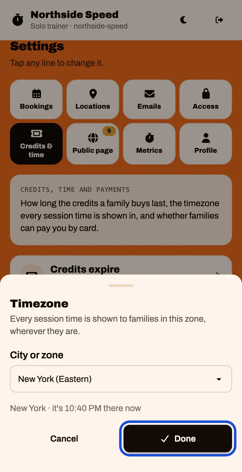 The Timezone sheet with New York (Eastern) chosen and a Done button