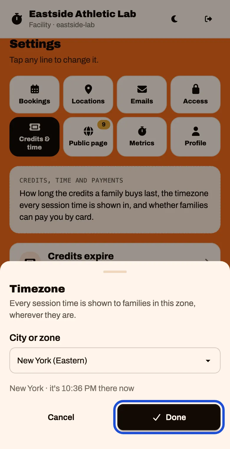 The Timezone sheet with New York (Eastern) chosen and a Done button