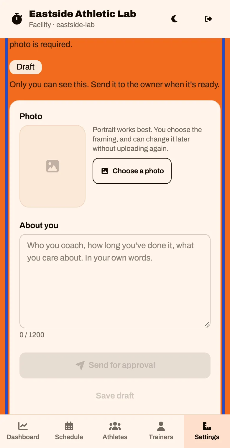 Settings, Public page tab, with an empty About you card