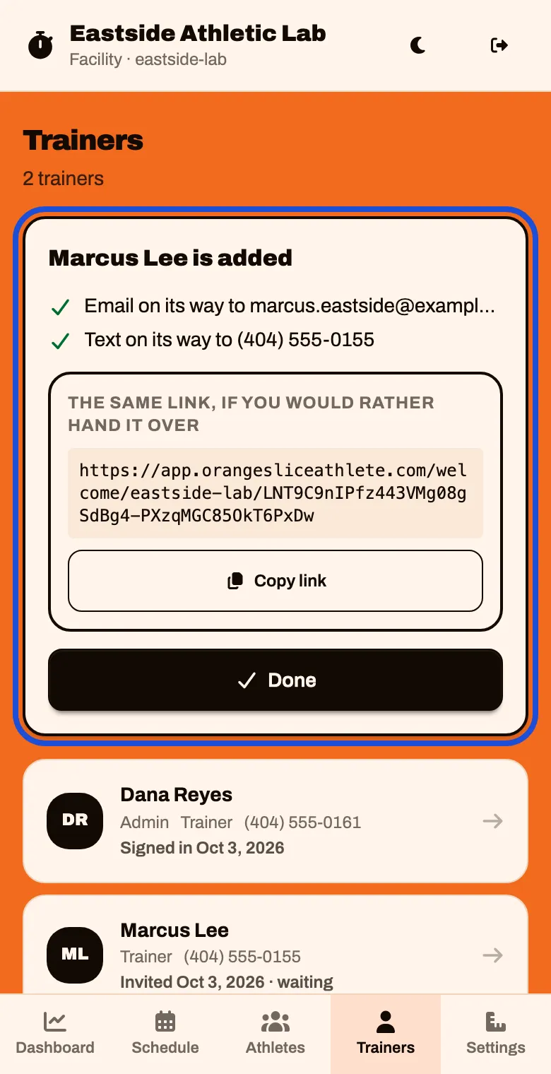 A card saying Marcus Lee is added, where the email and text went, and the link to copy