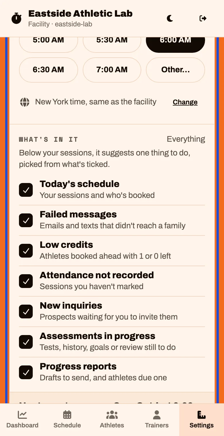 The Daily email card with times to choose from and a list of what is in it