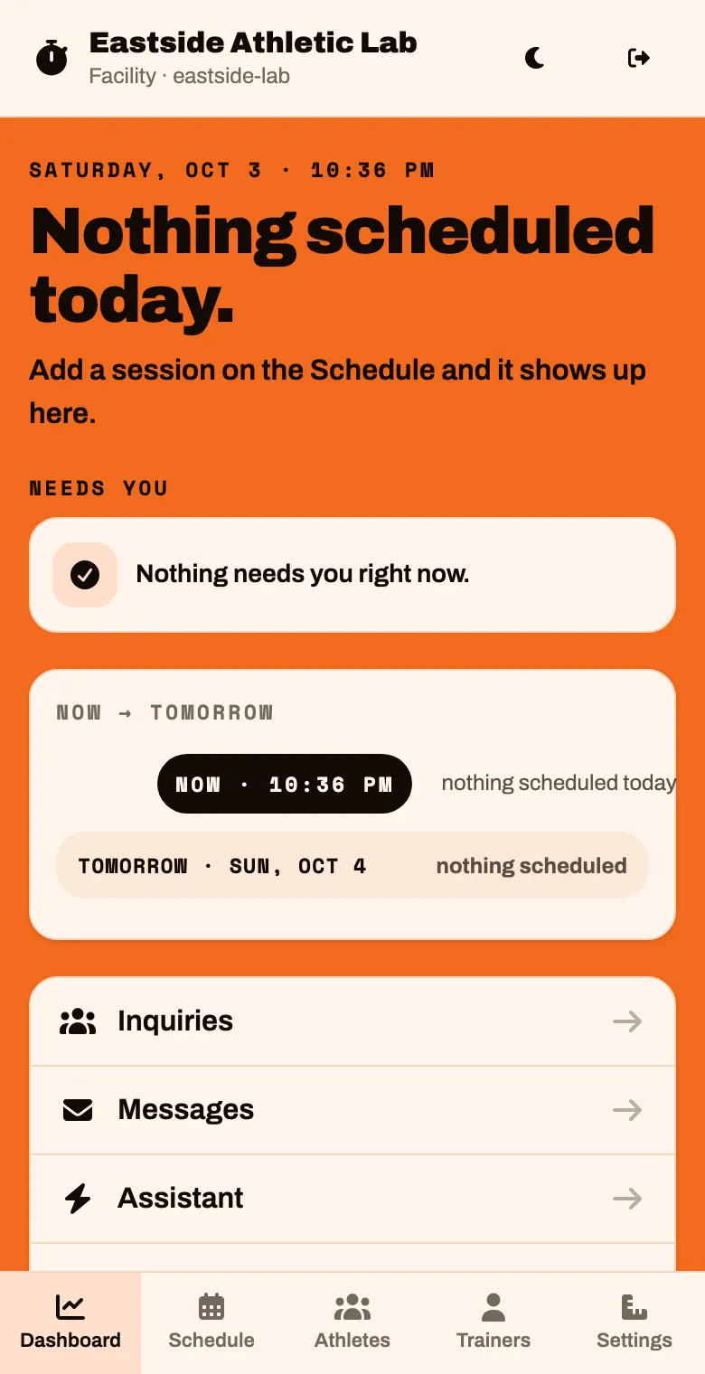 The Dashboard, with Dashboard, Schedule, Athletes, Trainers and Settings in the bar at the bottom