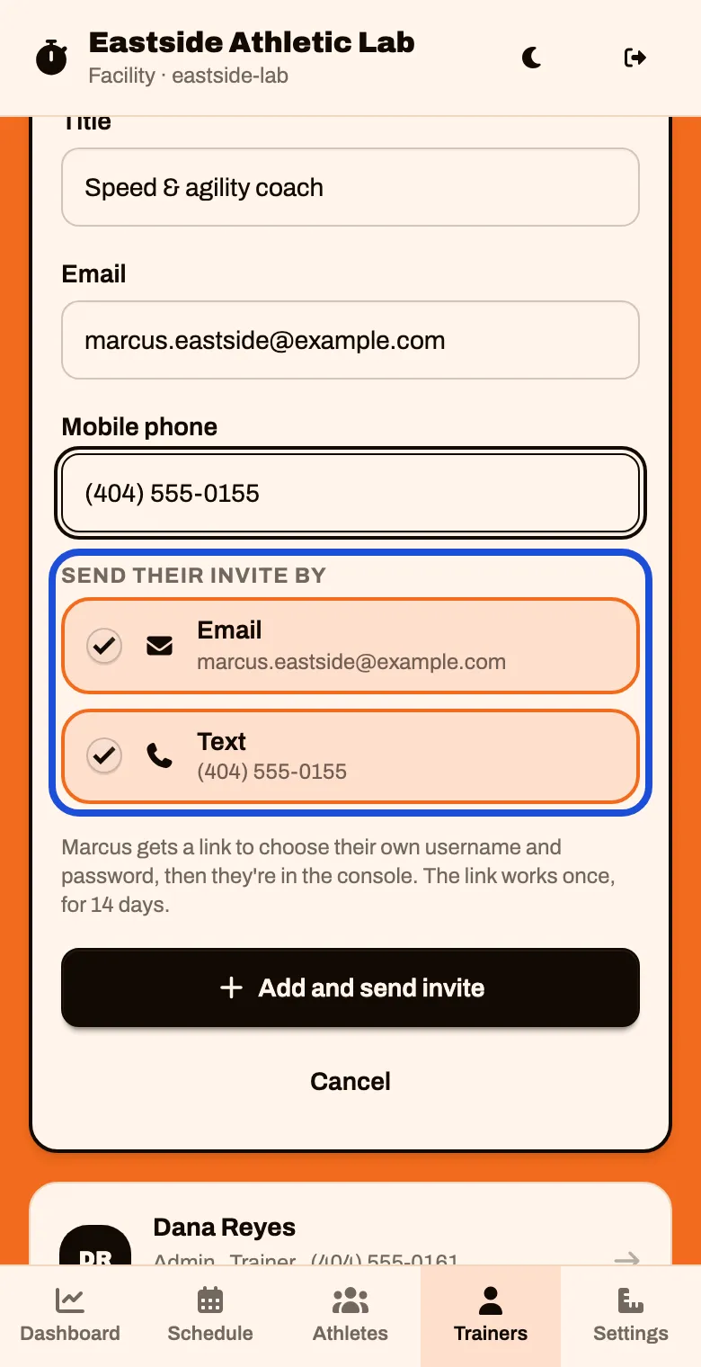 The New trainer form with name, title, email and mobile phone filled in, and Send their invite by showing Email and Text ticked