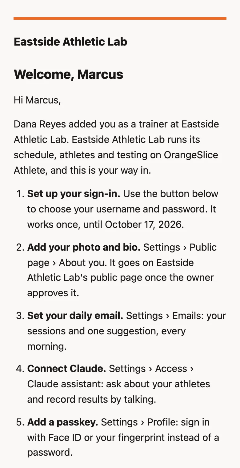 The invitation email: Welcome, Marcus. Dana Reyes added you as a trainer at Eastside Athletic Lab, followed by numbered first steps