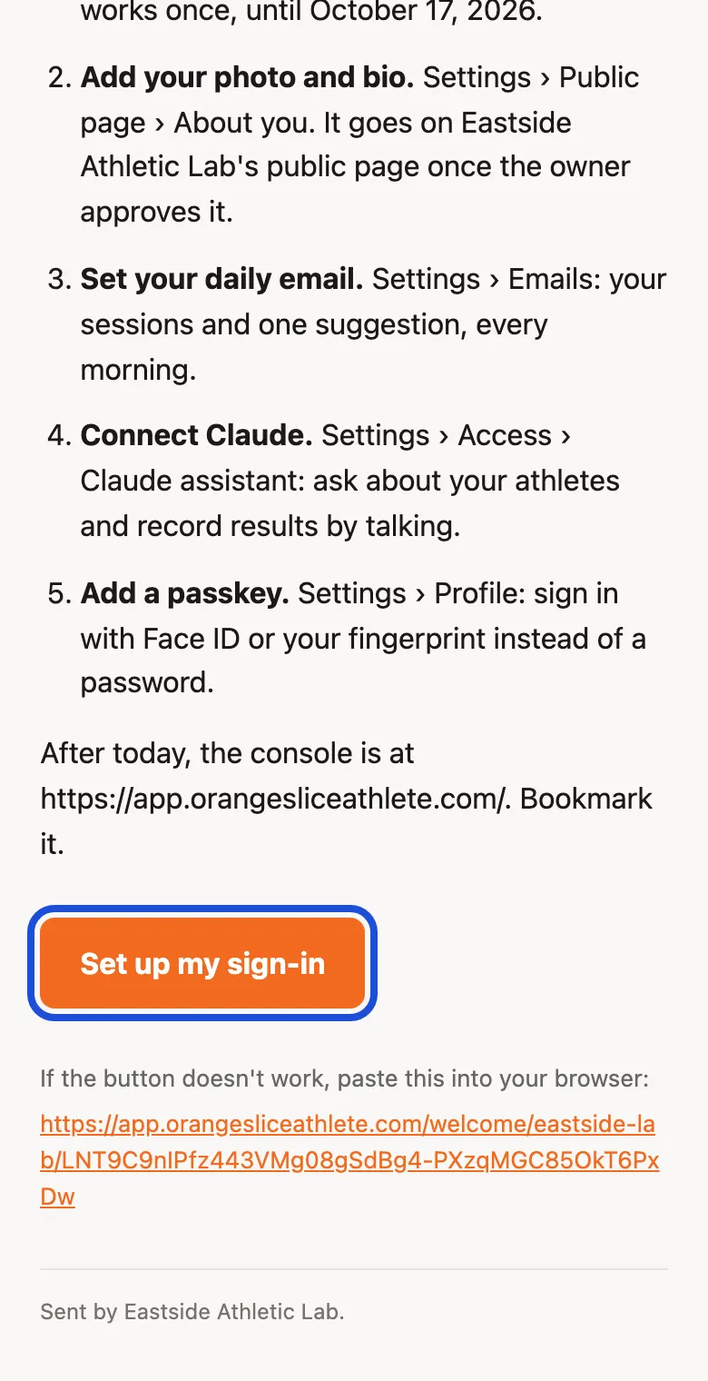 The invitation email with a Set up my sign-in button