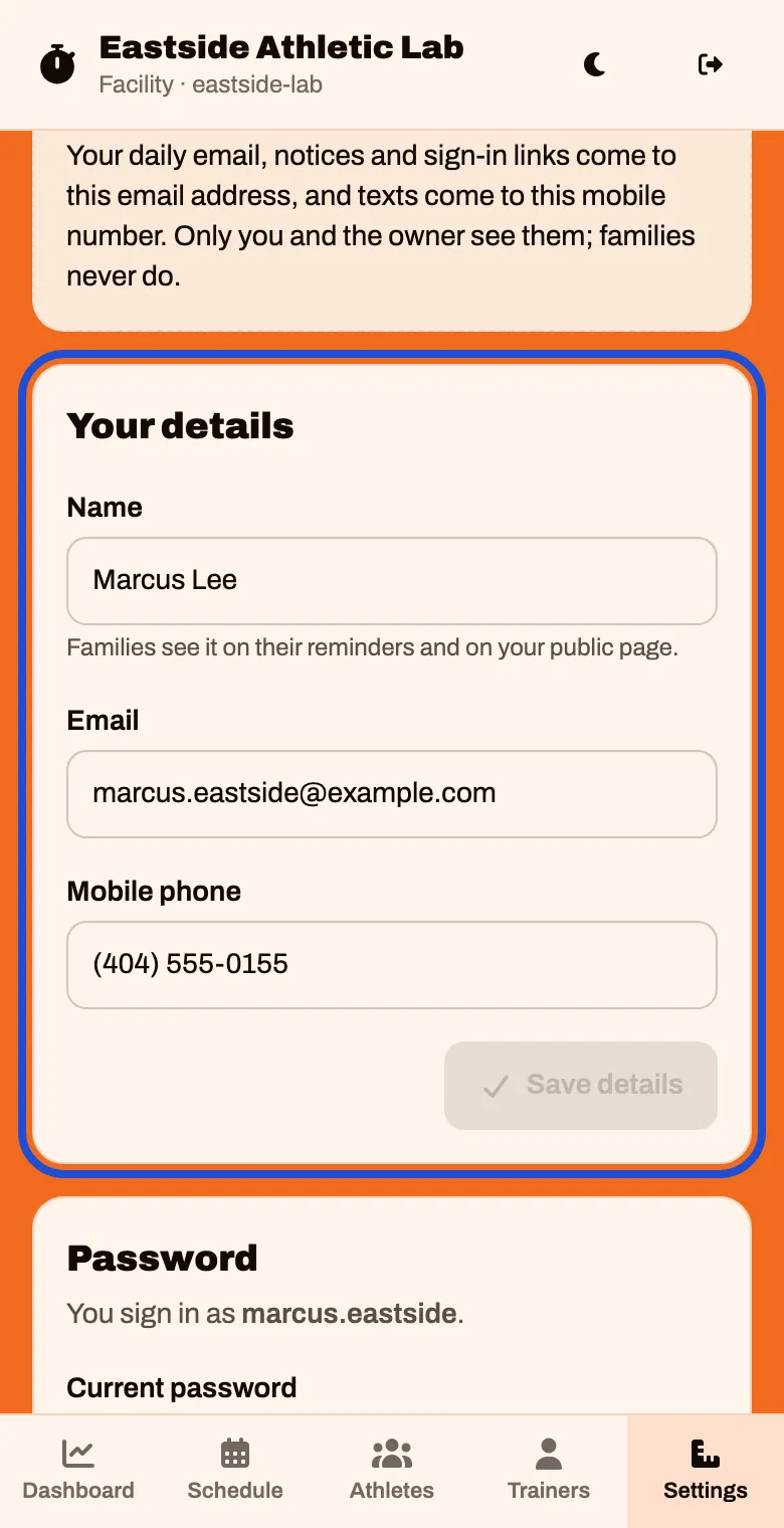 The Your details card with name, email and mobile phone