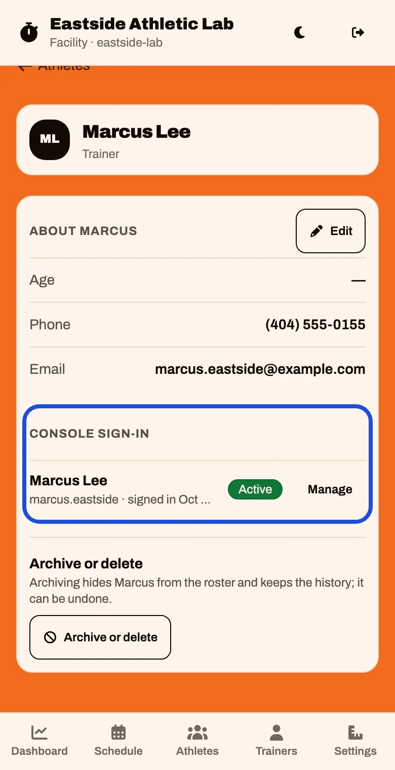 A trainer's record, with a Console sign-in section showing their username and Active