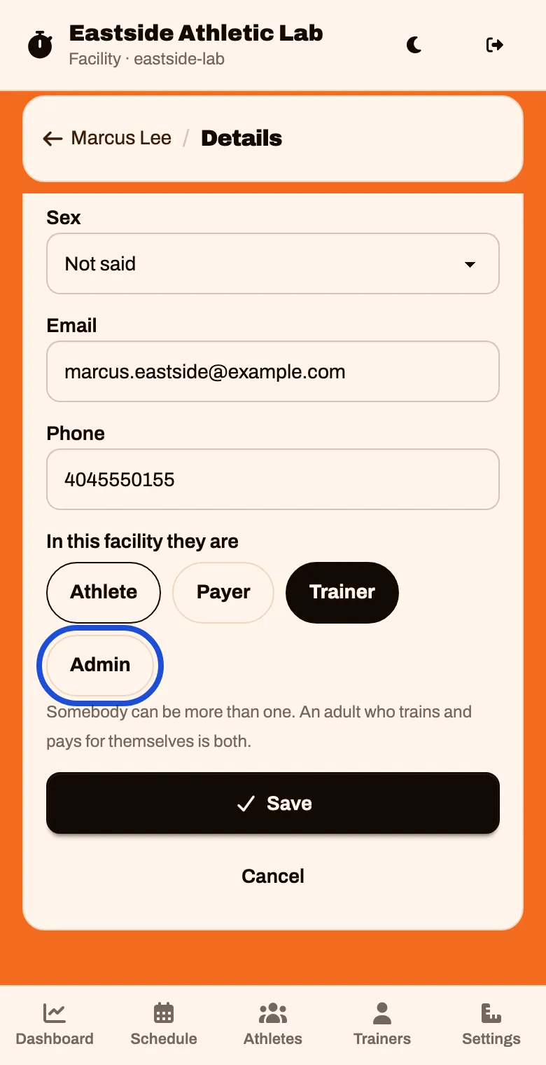 A trainer's Details form, with Athlete, Payer, Trainer and Admin under In this facility they are