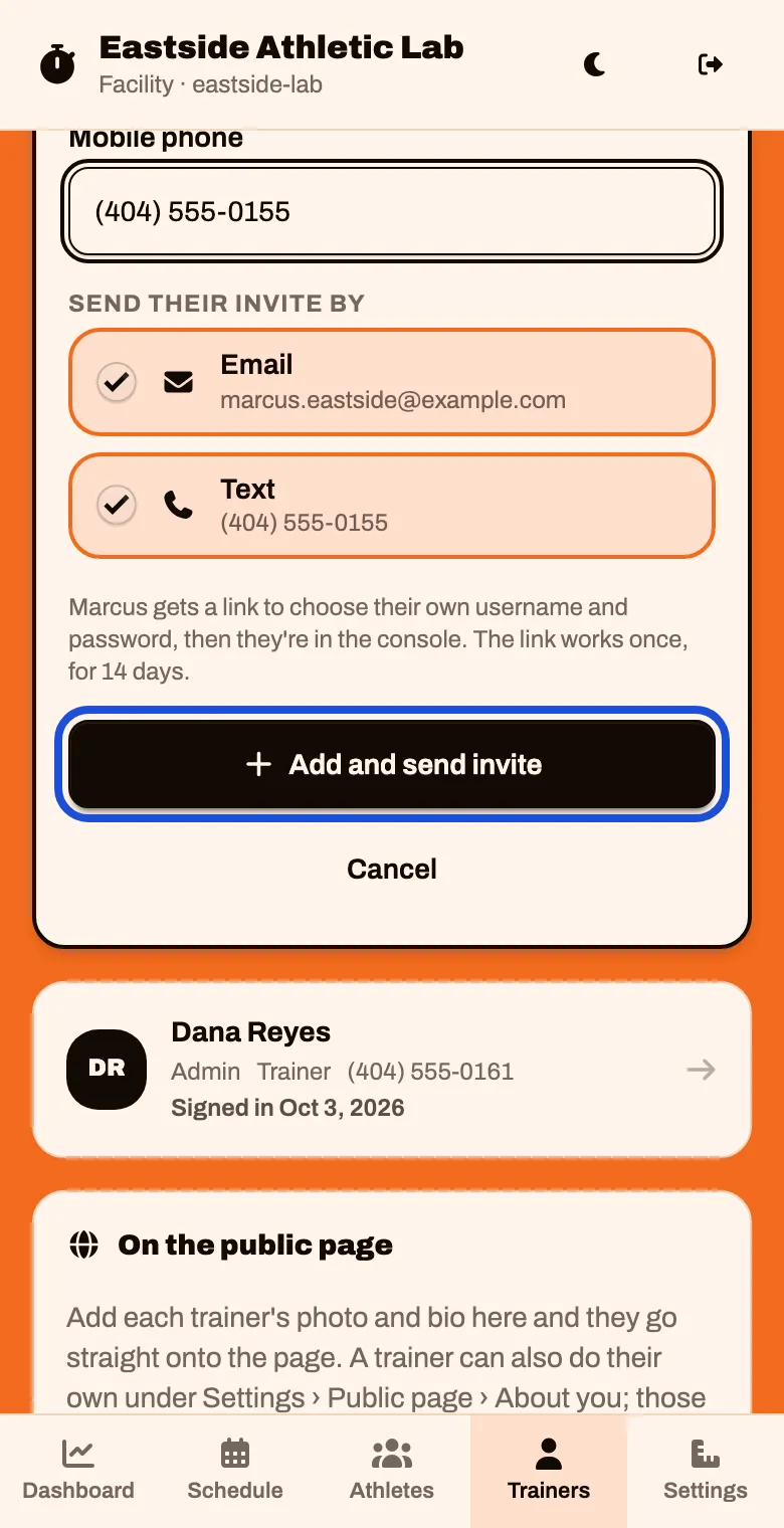 The bottom of the form with an Add and send invite button