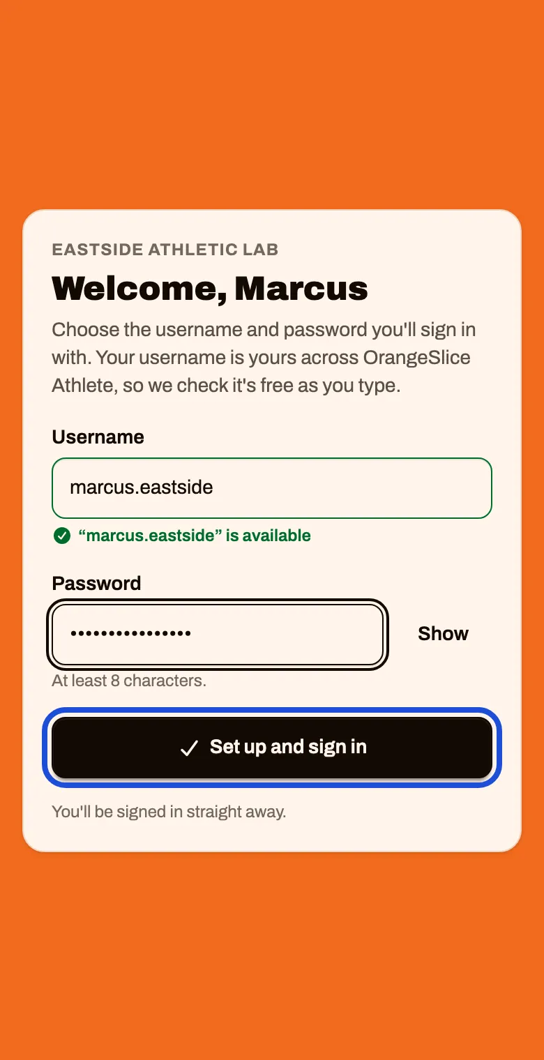 The Welcome page with a username, a password and a Set up and sign in button