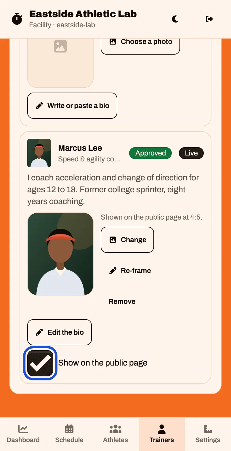 The trainer's bio marked Approved and Live, with Show on the public page ticked