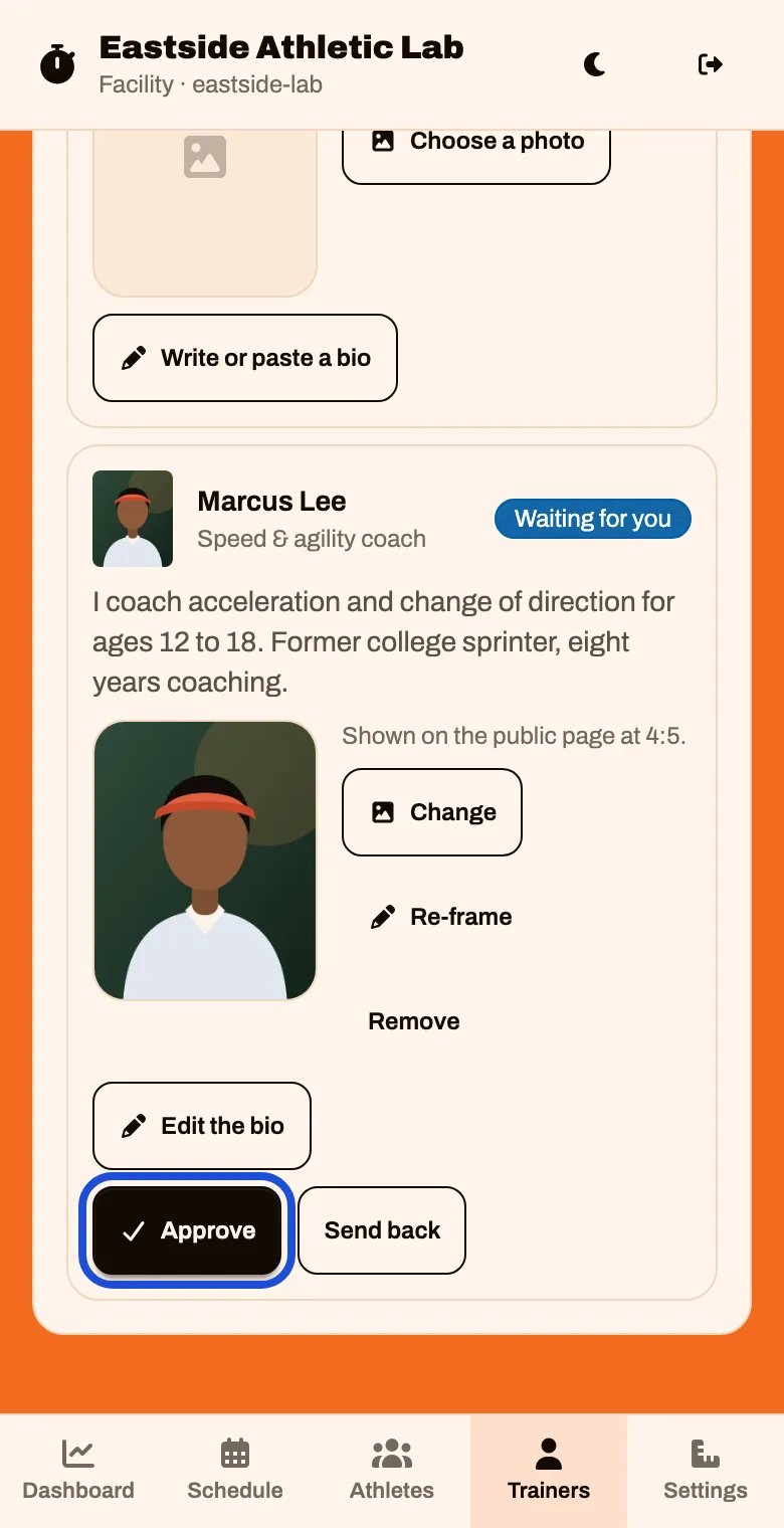 On the public page, with a trainer's photo and bio marked Waiting for you, and Approve and Send back buttons