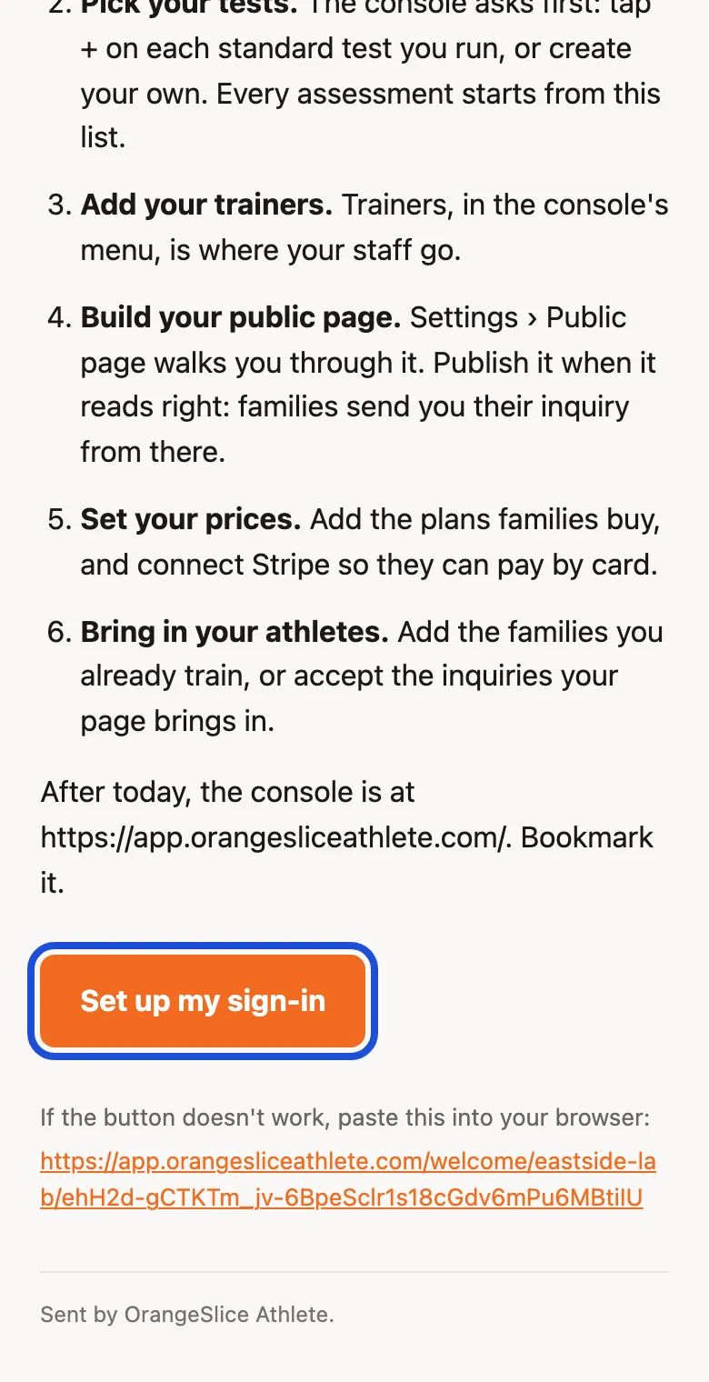 The welcome email, with the Set up my sign-in button at the bottom