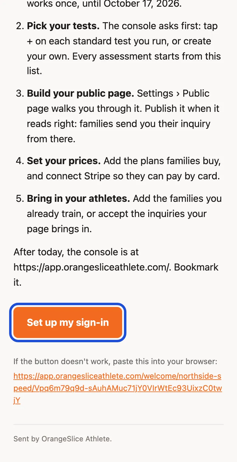 The welcome email, with the Set up my sign-in button at the bottom